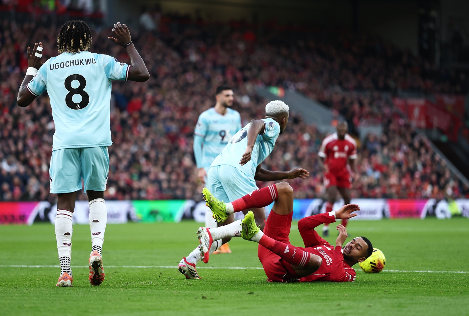 Cody Gakpo goes to ground after being fouled by Florentino Luis