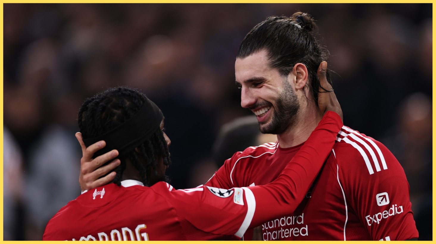 Jeremie Frimpong and Dominik Szoboszlai celebrate the latter's goal against Marseille