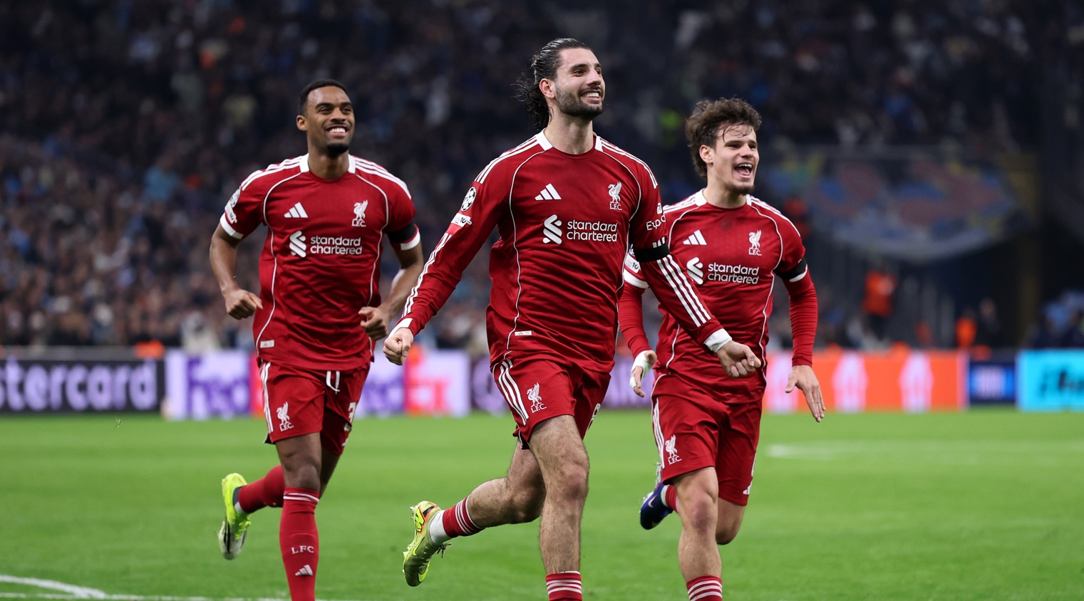 Dominik Szoboszlai celebrates his goal in Liverpool's 3-0 win over Marseille