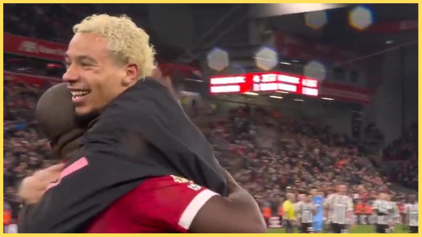 Ibrahima Konate is embraced by Hugo Ekitike after Liverpool's win over Newcastle