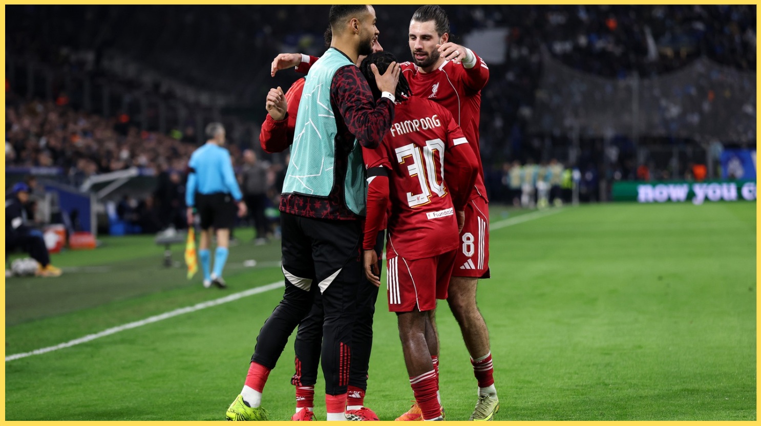 Liverpool players celebrate the second of their three goals against Marseille