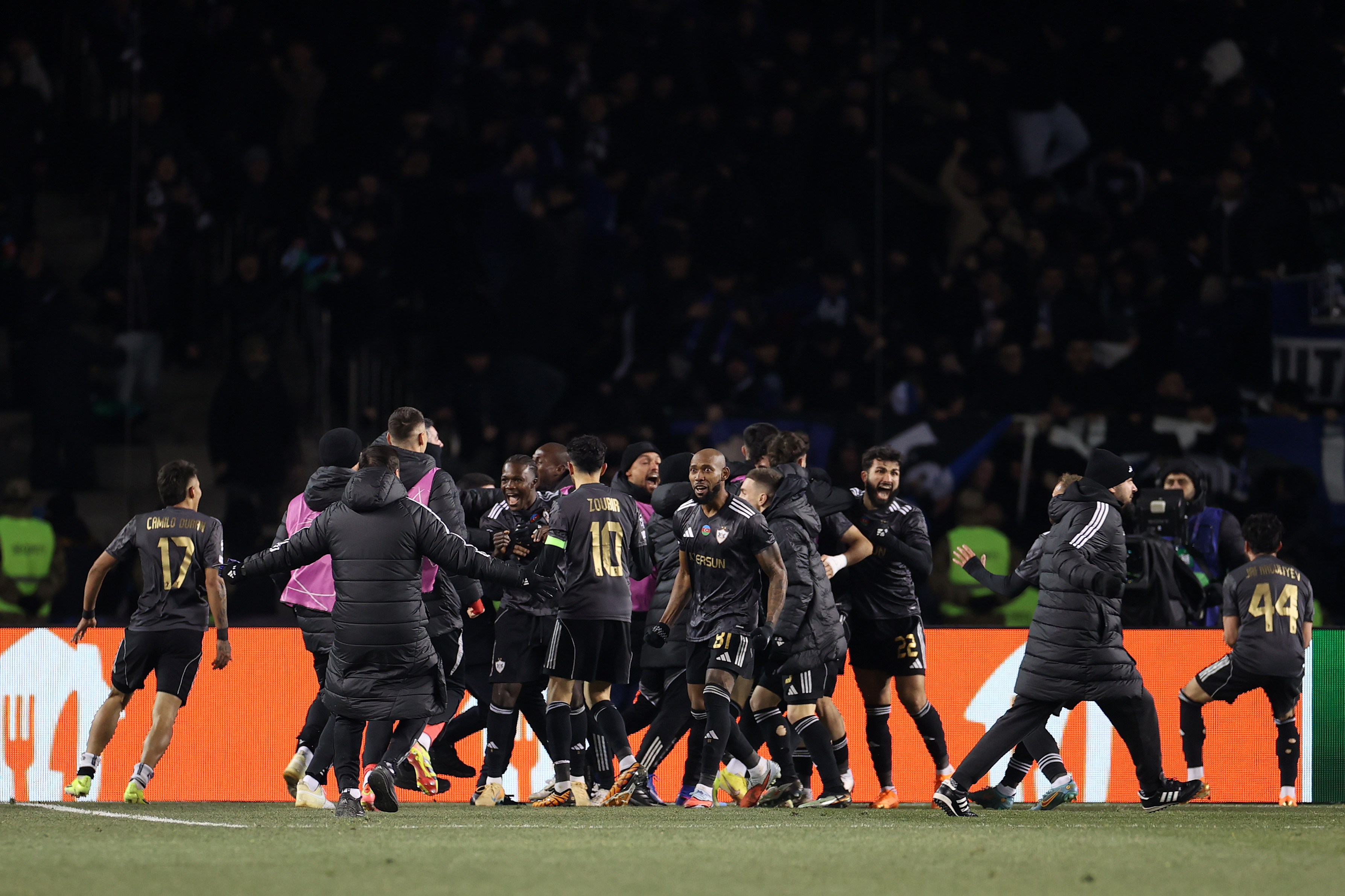 Qarabag celebrate their 3-2 win over Eintracht Frankfurt on Wednesday night