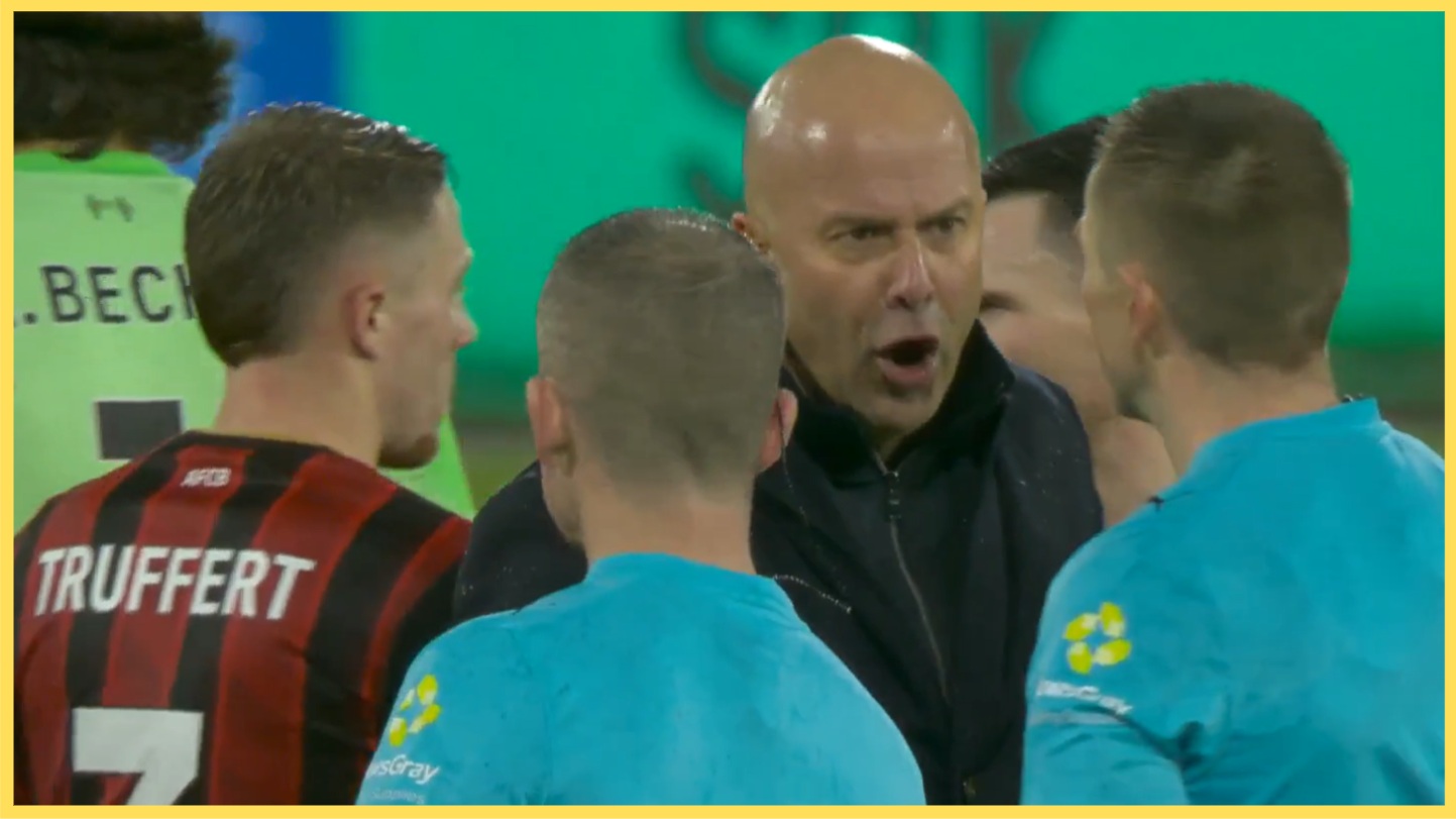 Arne Slots fumes with the officials after Liverpool lost 3-2 at Bournemouth