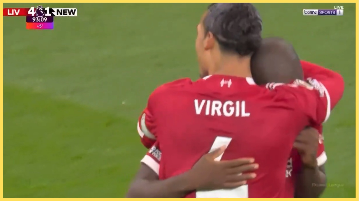 Virgil van Dijk embraces Ibrahima Konate after the Frenchman's goal against Newcastle
