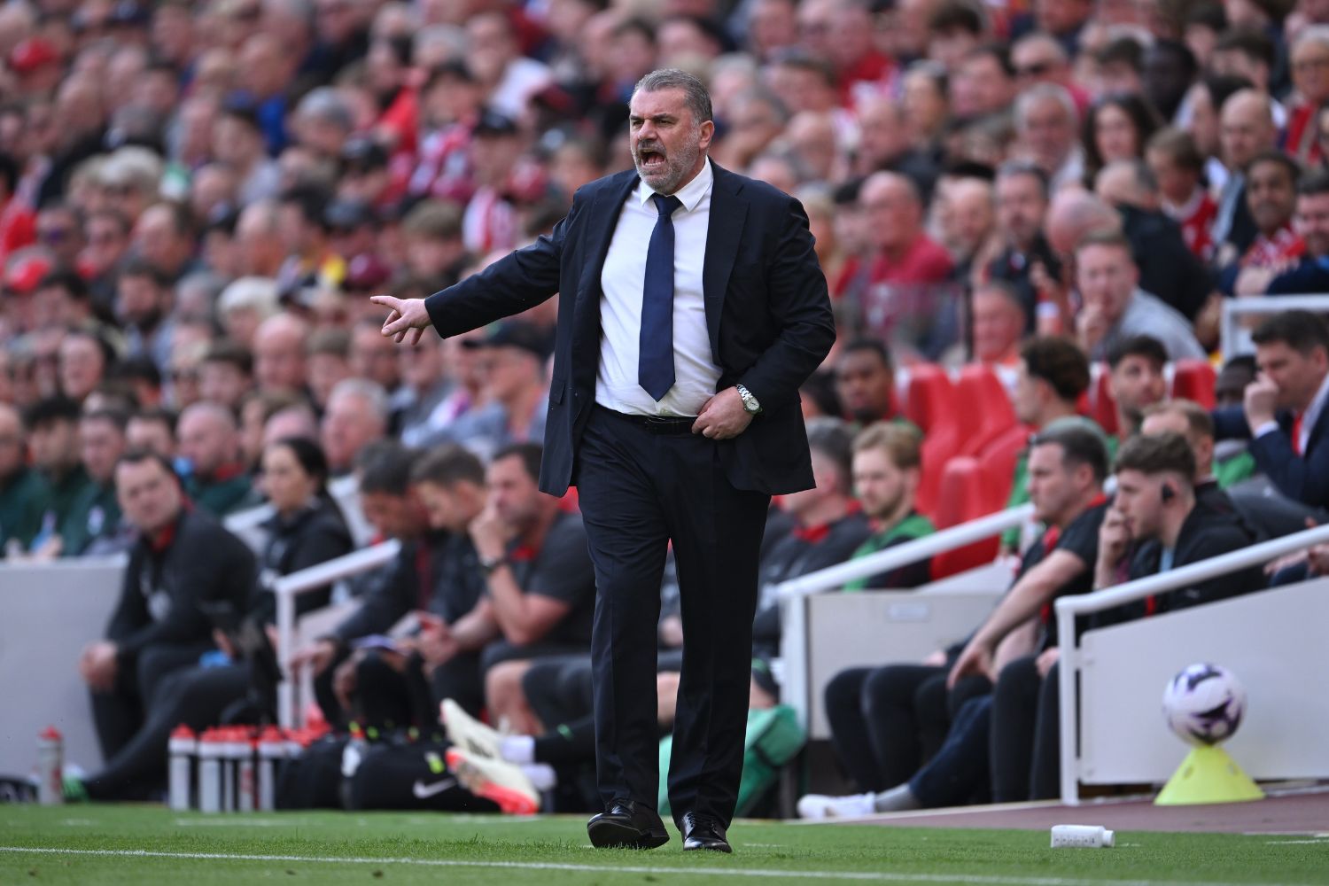 Ange Postecoglou, Manager of Tottenham, at Anfield in 2024