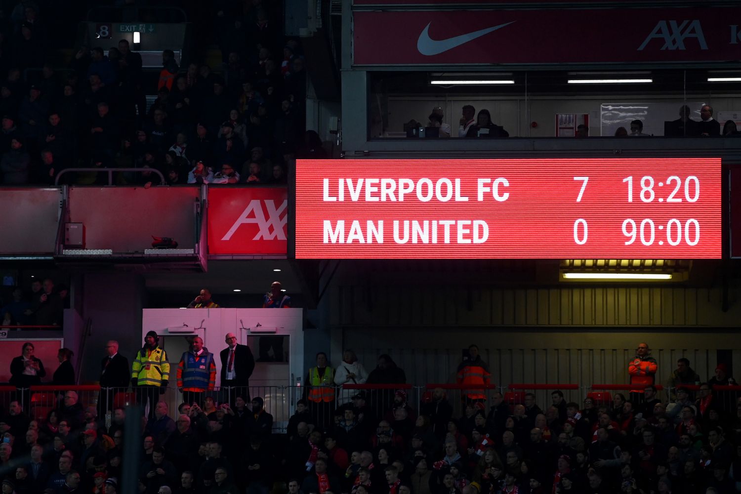 A general view as the LED board shows the final score-line of Liverpool 7 - 0 Manchester United during the Premier League match between Liverpool FC and Manchester United