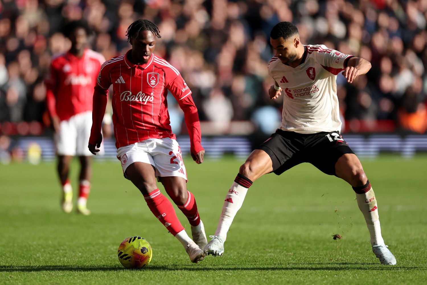Dilane Bakwa of Nottingham Forest is challenged by Cody Gakpo of Liverpool
