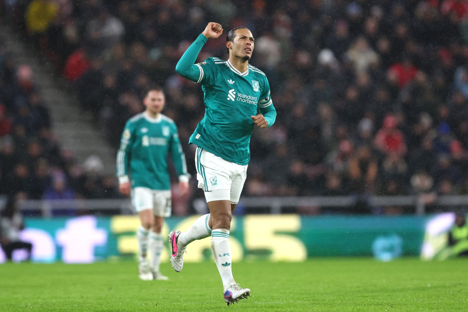 Virgil van Dijk celebrates scoring against Sunderland