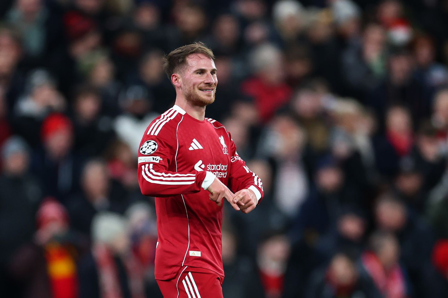 Alexis Mac Allister of Liverpool celebrates scoring his team's first goal during the UEFA Champions League 2025/26 League Phase MD8 match between Liverpool FC and Qarabag FK