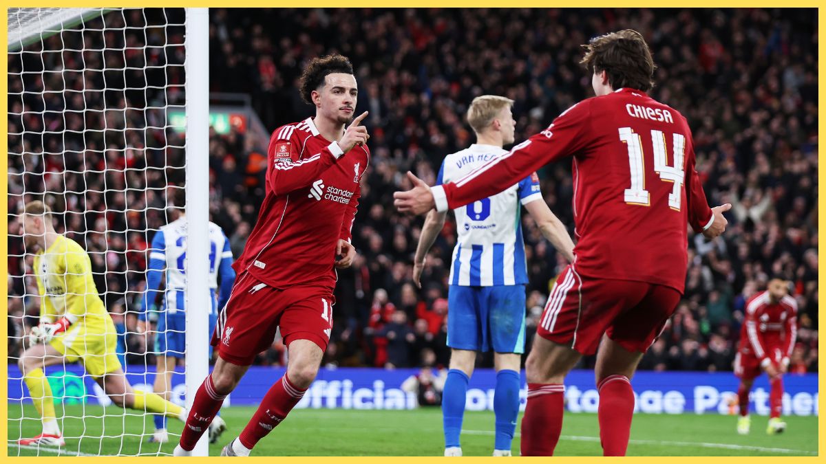 Curtis Jones celebrates after scoring against Brighton