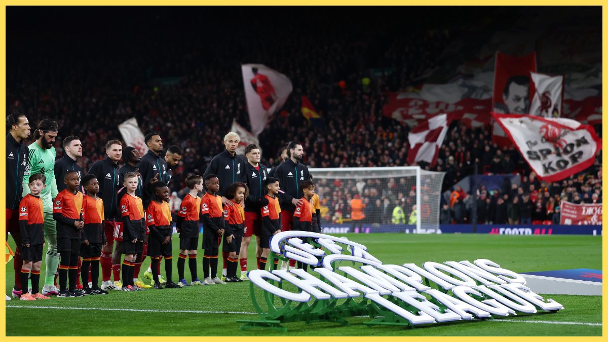 Liverpool players line up for the start of the UEFA Champions League 2025/26 League Phase MD8 match between Liverpool FC and Qarabag