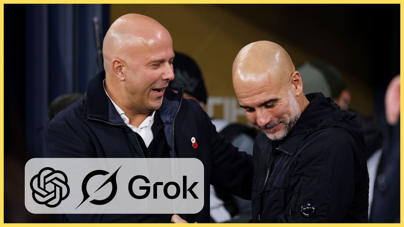 Arne Slot and Pep Guardiola smile and embrace each other.