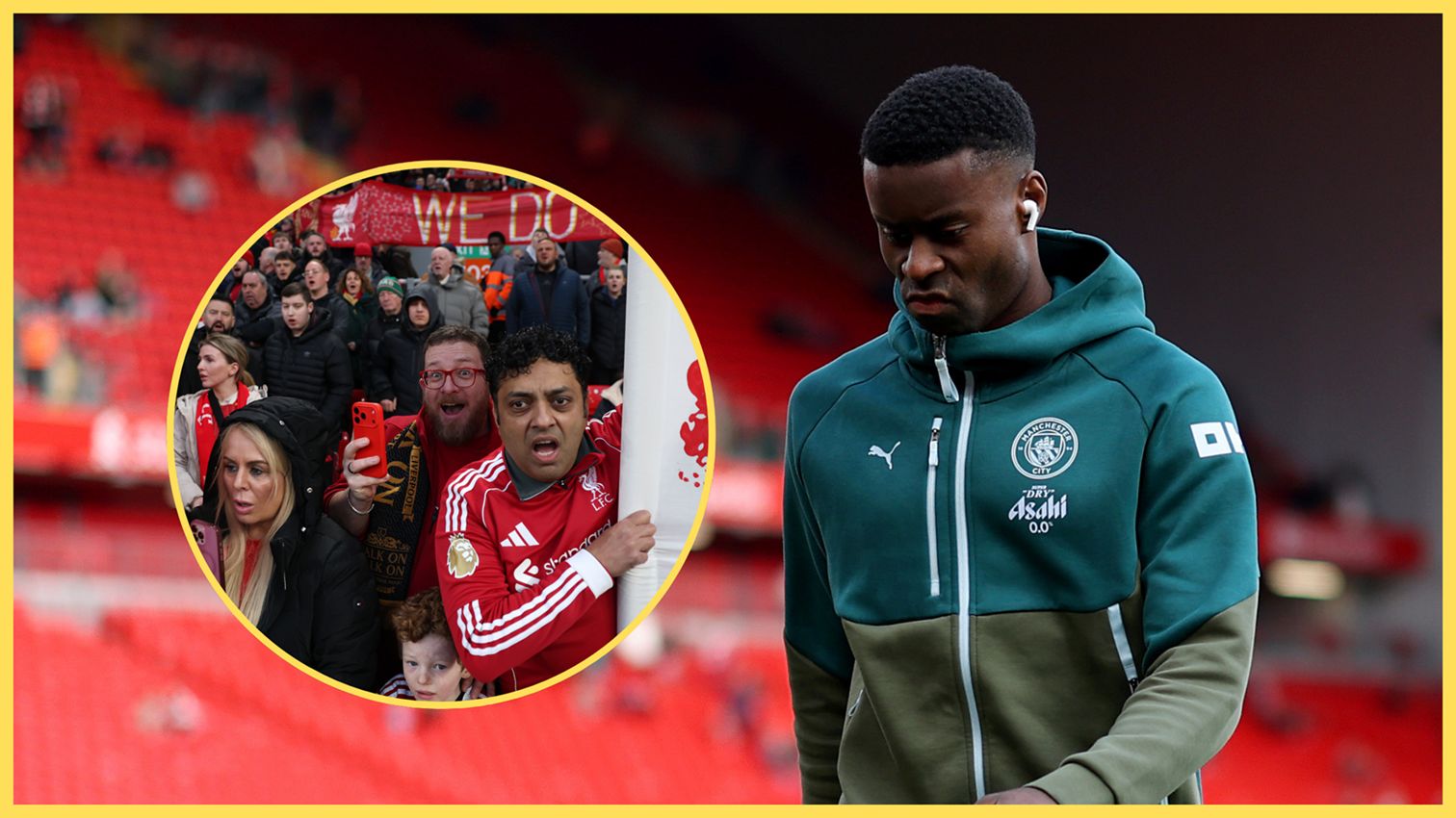 Marc Guehi looks down next to picture of animated Liverpool fans.