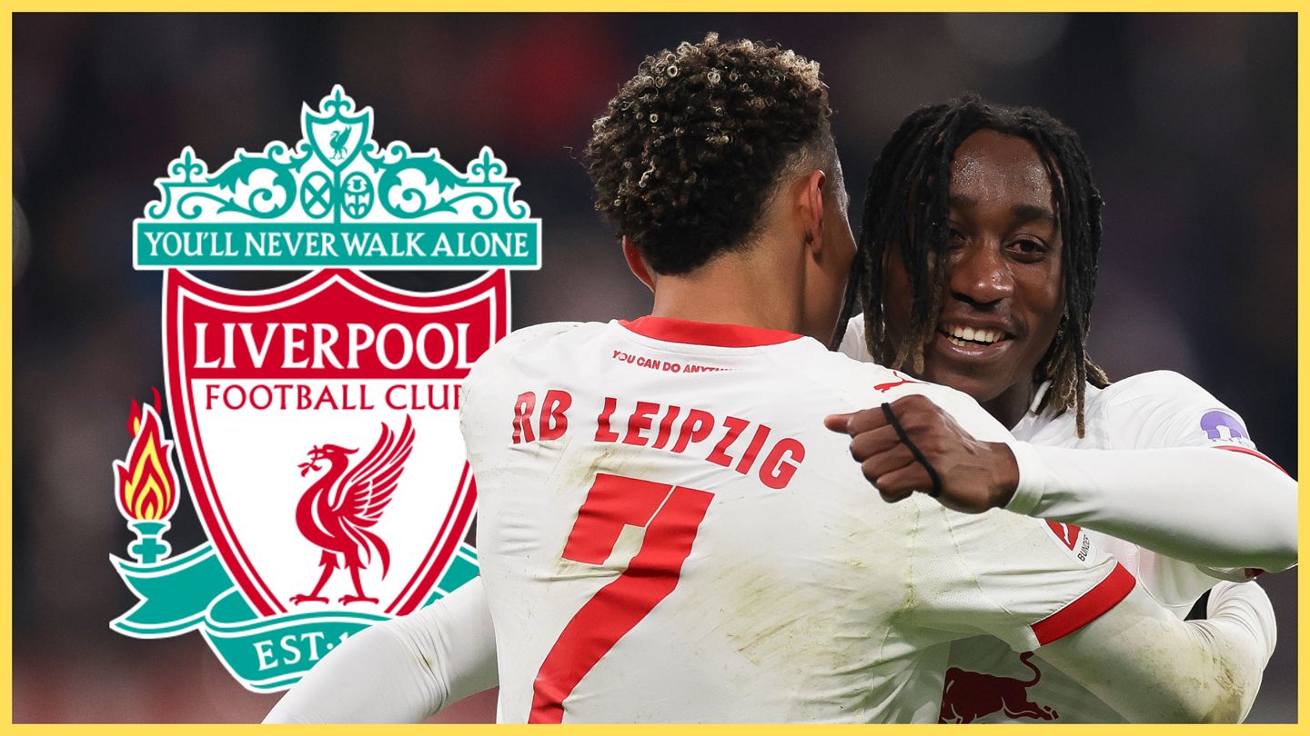 Yan Diomande hugs RB Leipzig teammate next to Liverpool crest.