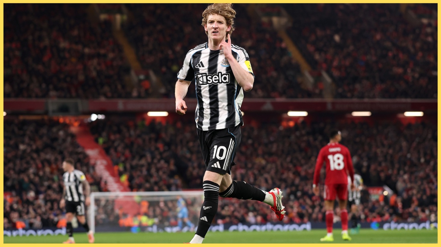 Anthony Gordon celebrates scoring against Liverpool at Anfield in January