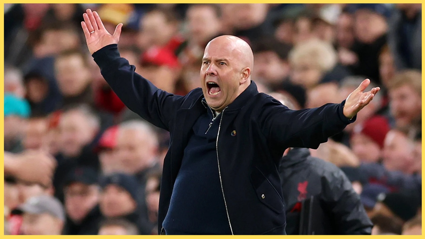 Arne Slot shouts from the touchline during a Liverpool game