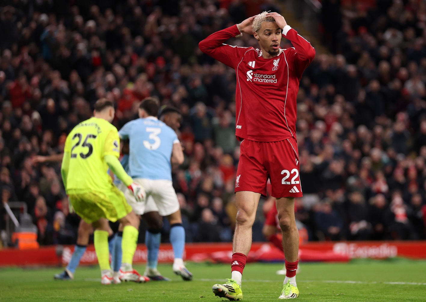 Hugo Ekitike reacts after missing with a free header in Liverpool's defeat to Manchester City