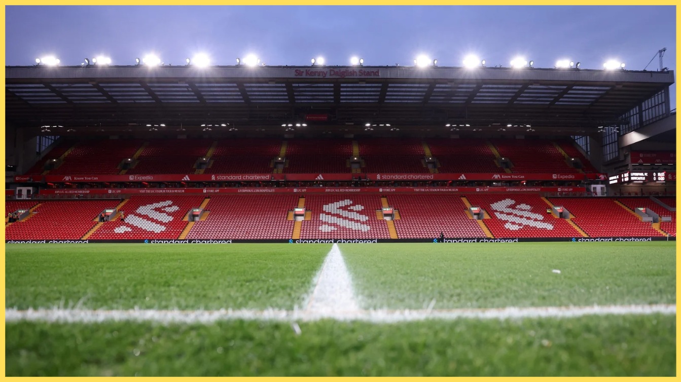 The Sir Kenny Dalglish Stand at Anfield, as seen from pitchside in front of the Main Stand