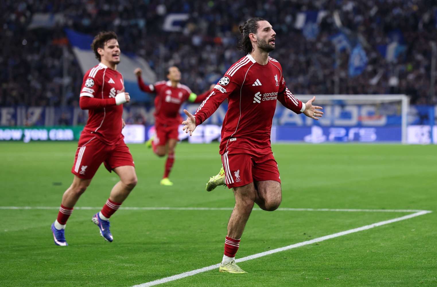 Dominik Szoboszlai celebrates scoring in Liverpool's 3-0 win at Marseille in January