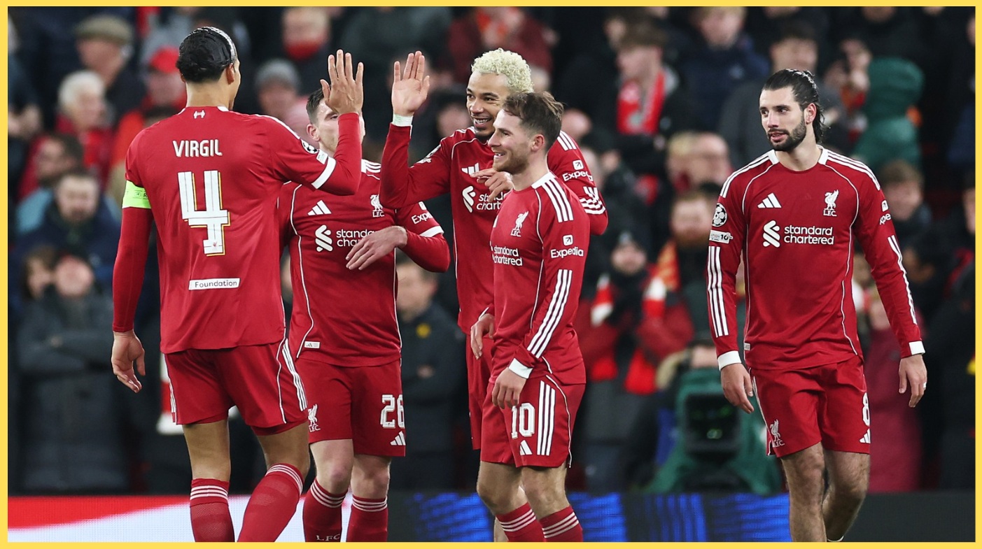 Liverpool players celebrate a goal in their 6-0 win over Qarabag in January