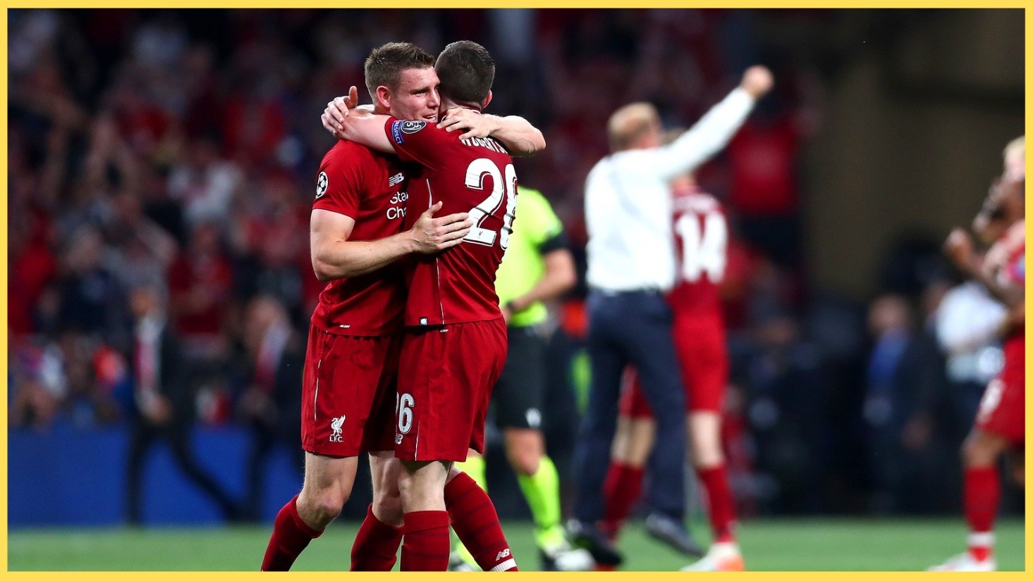 James Milner and Andy Robertson embrace after Liverpool's Champions League final win in 2019