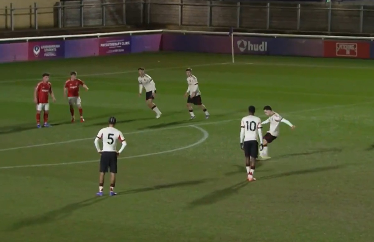 Kieran Morrison scores a free kick in Liverpool under-21's 3-0 victory over Nottingham Forest in Premier League 2