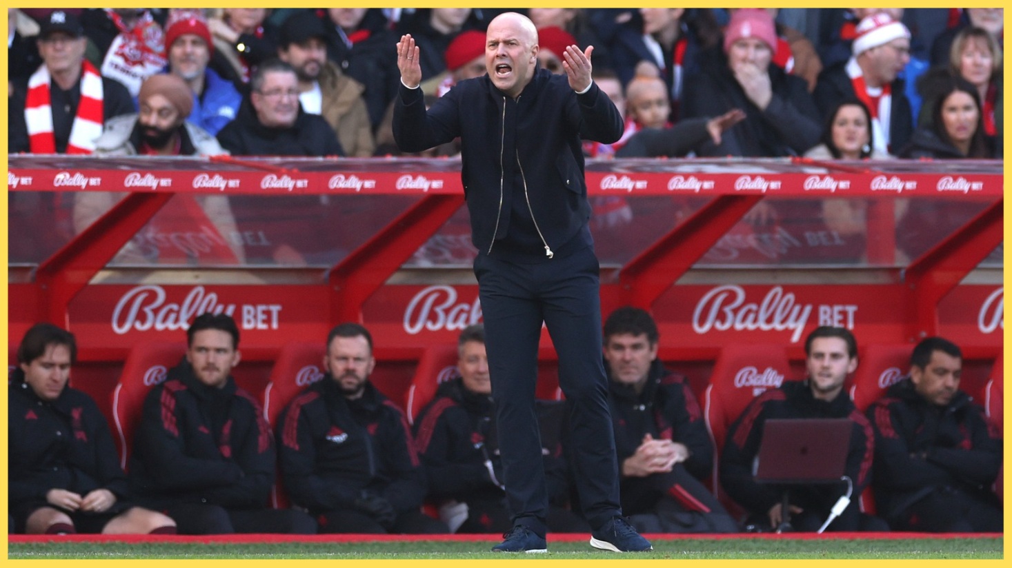 Arne Slot cajoles his Liverpool team from the City Ground dugout