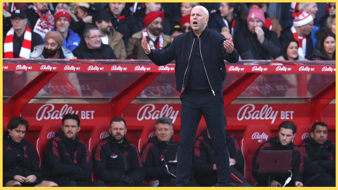 Arne Slot reacts during Liverpool's last-gasp win over Nottingham Forest
