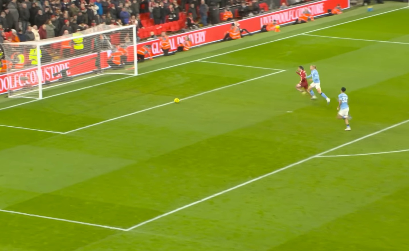 Dominik Szoboszlai and Erling Haaland tangle as Rayan Cherki's shot is about to cross the goalline