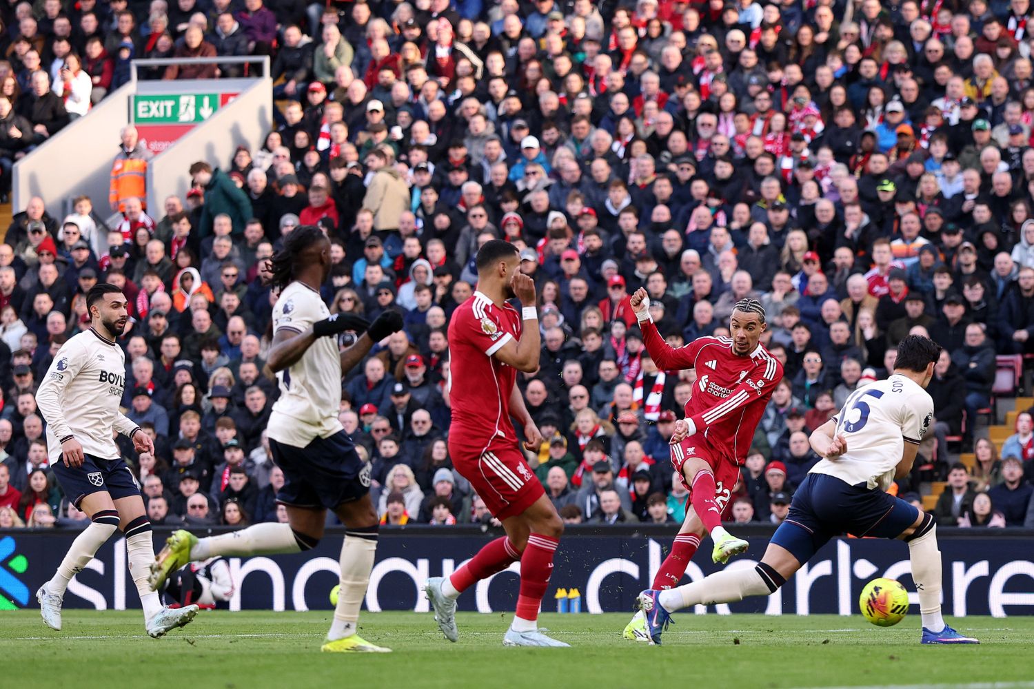 Hugo Ekitike of Liverpool scores against West Ham United