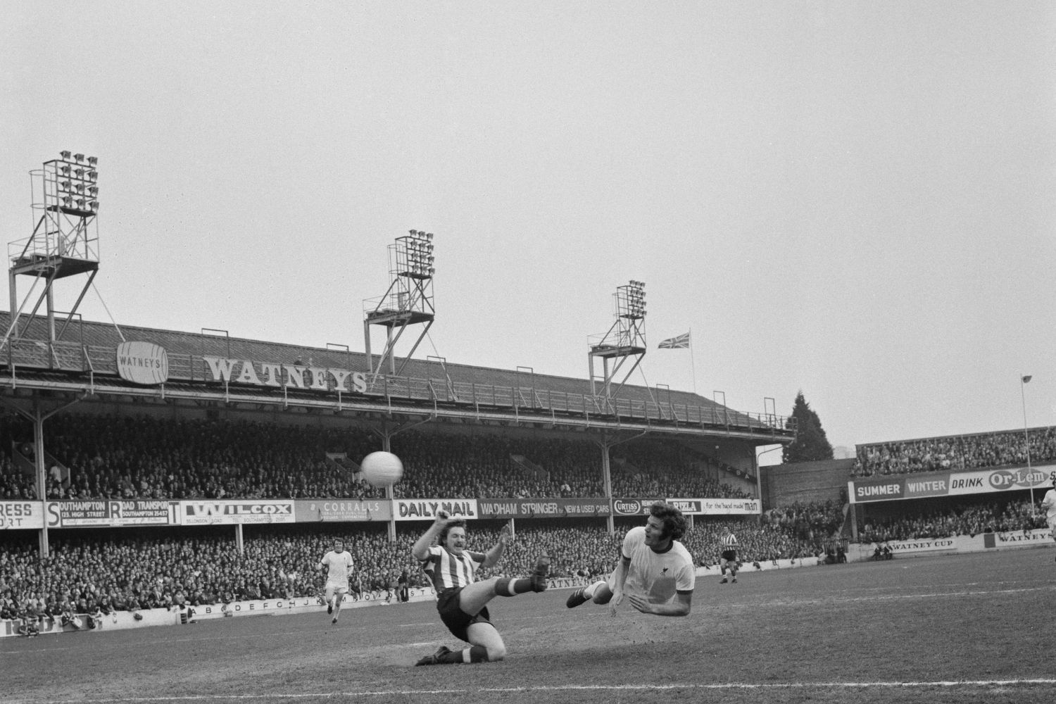 Welsh professional footballer and forward with Liverpool FC, John Toshack scores for Liverpool in the League Division One match between Southampton and Liverpool at The Dell ground in Southampton on 25th March 1972. Liverpool would go on to win the match 1-0