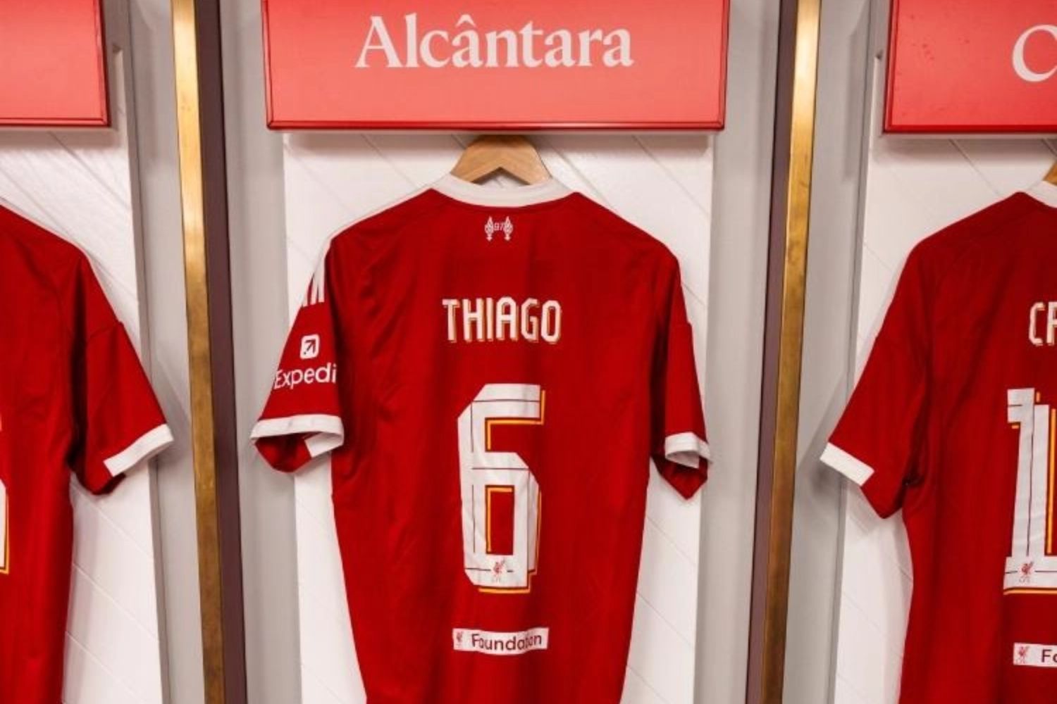 Thiago Alcantara's shirt in the dressing room at Anfield for the Liverpool Legends game vs. Borussia Dortmund