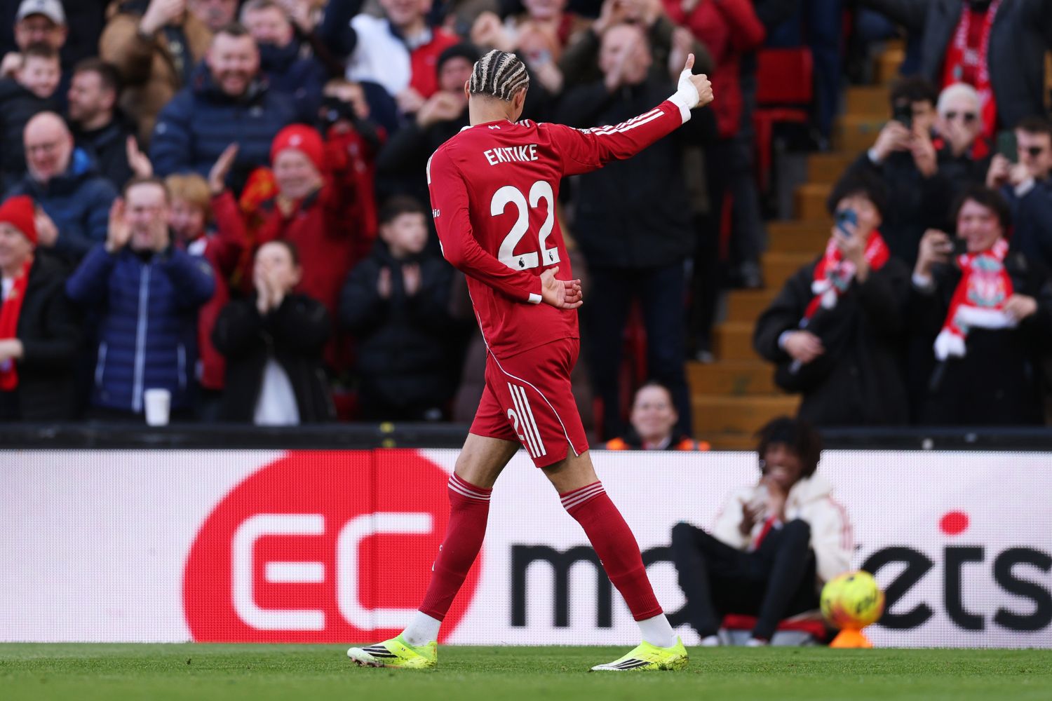 Hugo Ekitike of Liverpool celebrates scoring his team's first goal during the Premier League match between Liverpool and West Ham United