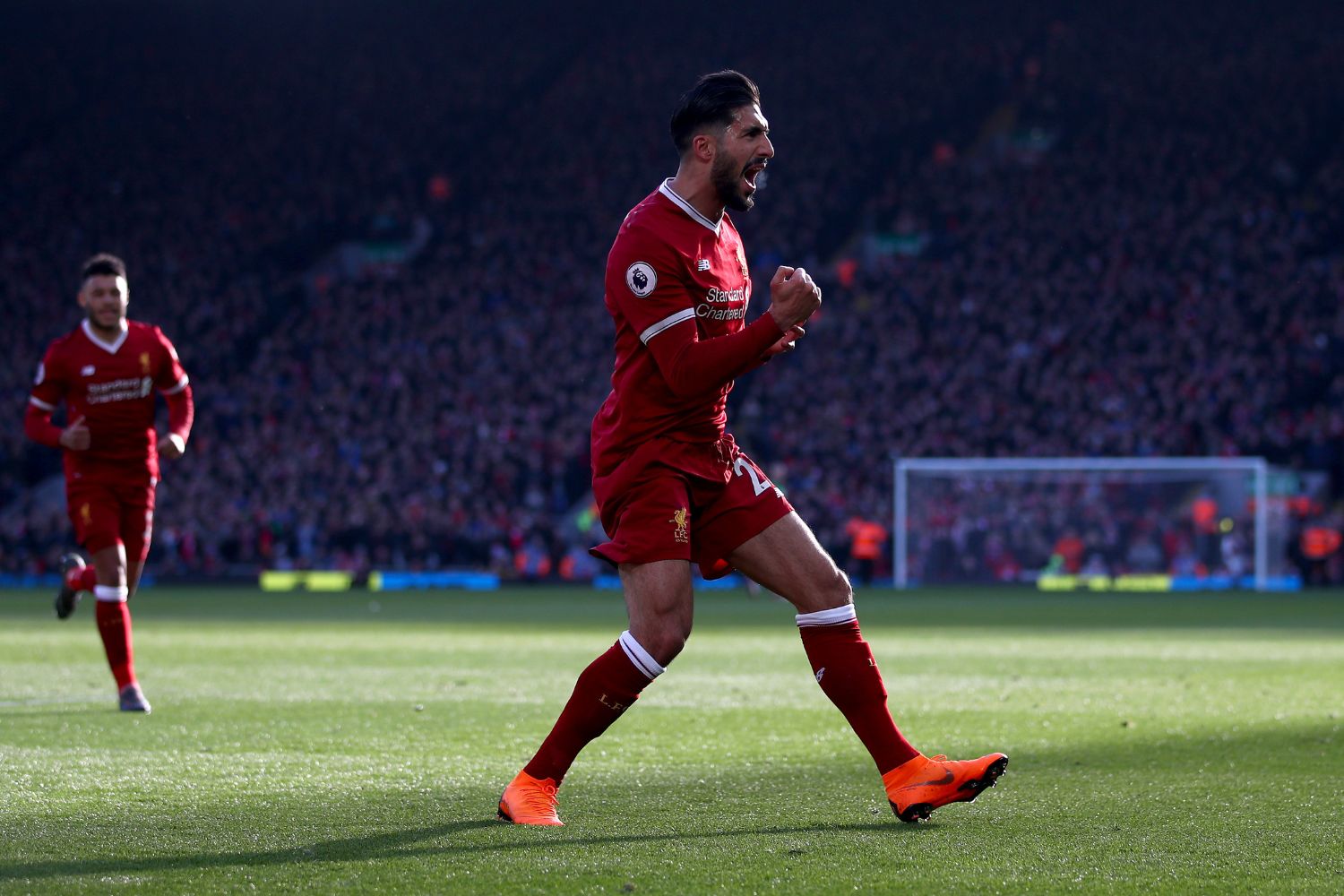 Emre Can of Liverpool celebrates scoring in 2018