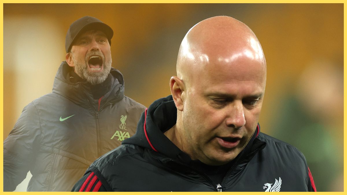 Jurgen Klopp shouts in the background behind a dejected Arne Slot.