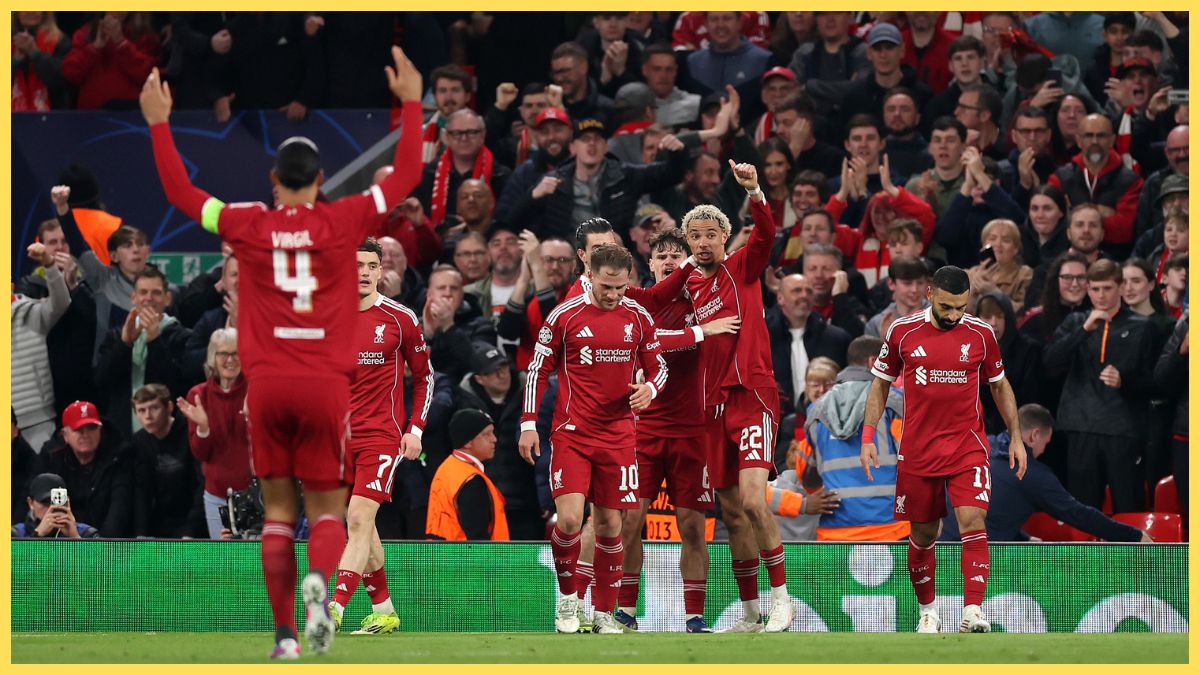 Hugo Ekitike of Liverpool celebrates scoring his team's second goal with teammates during the UEFA Champions League 2025/26 Round of 16 Second Leg match between Liverpool FC and Galatasaray