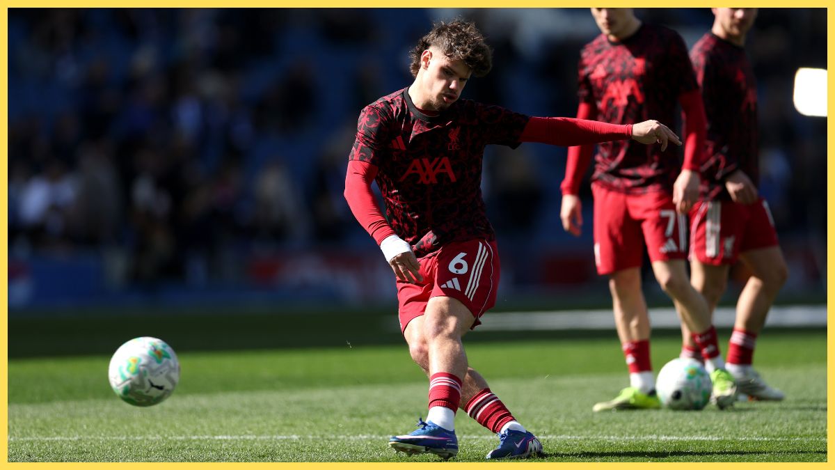 Milos Kerkez of Liverpool shoots during the warm up prior to the Premier League match between Brighton & Hove Albion and Liverpool