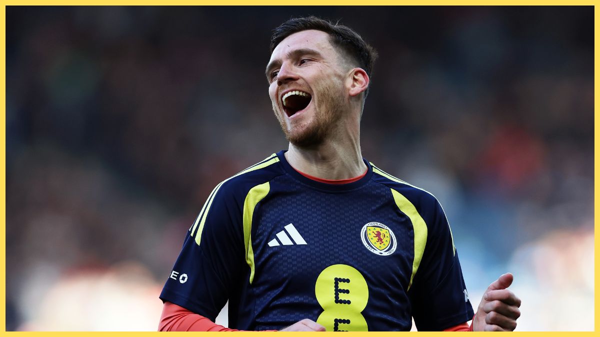 Andrew Robertson of Scotland reacts during the warm up prior to an international friendly match between Scotland and Japan at Hampden Park