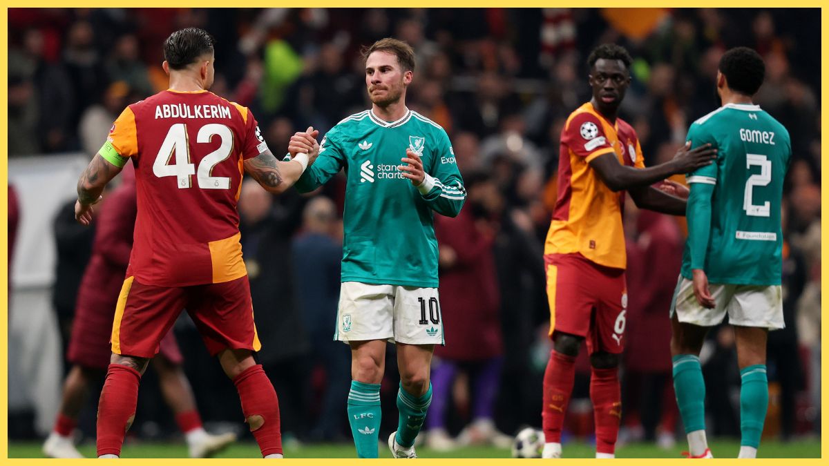 Alexis Mac Allister of Liverpool shakes hands with Abdulkerim Bardakci of Galatasaray