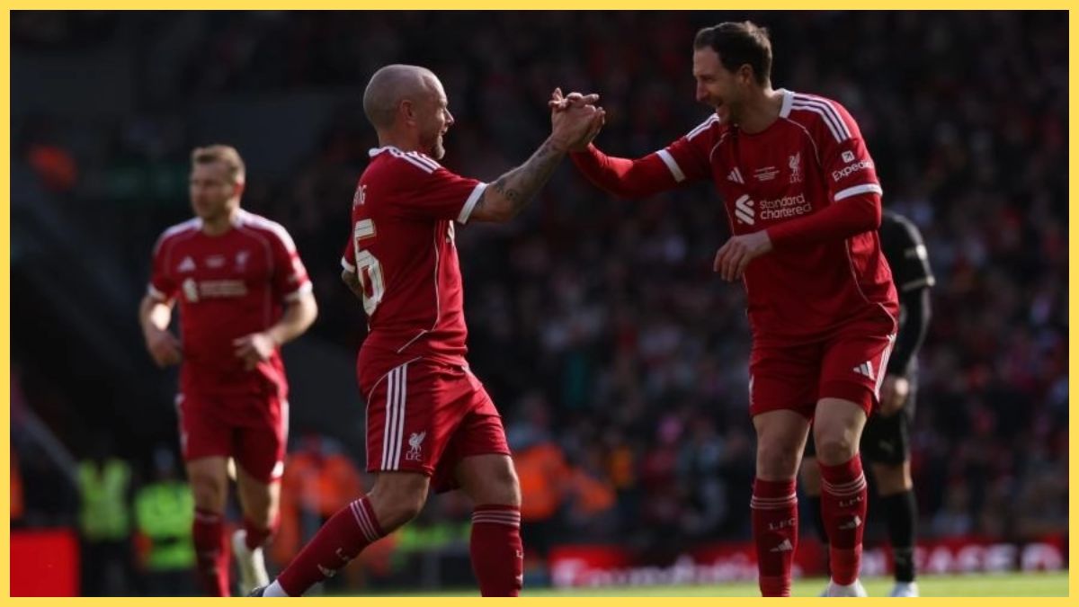 Jay Spearing scores at Anfield for the Liverpool Legends vs. Borussia Dortmund