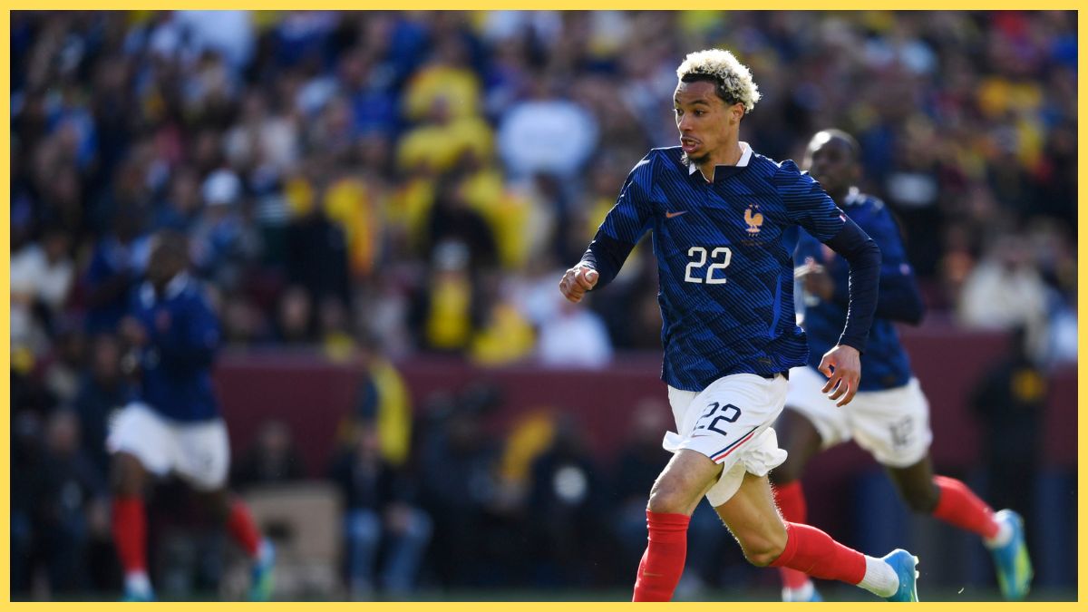 Hugo Ekitike of France runs with the ball during the international friendly match between Colombia and France at Northwest Stadium on March 29, 2026 in Landover, Maryland