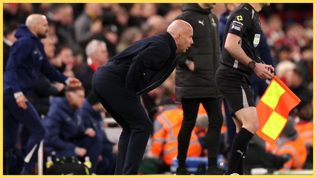 Arne Slot, Manager of Liverpool, reacts during the Premier League match between Liverpool and Tottenham Hotspur at Anfield