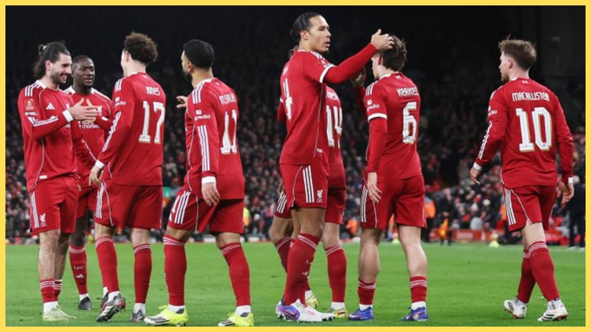 Liverpool players celebrate against West Ham