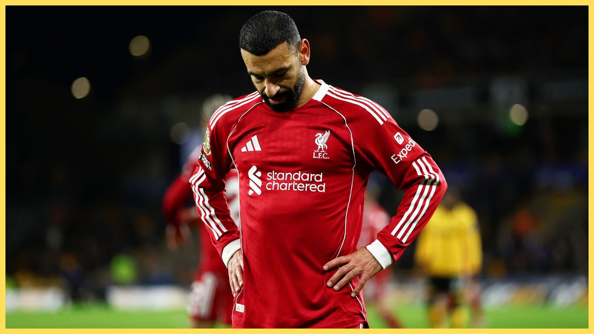 Mohamed Salah of Liverpool looks dejected following the Premier League match between Wolverhampton Wanderers and Liverpool