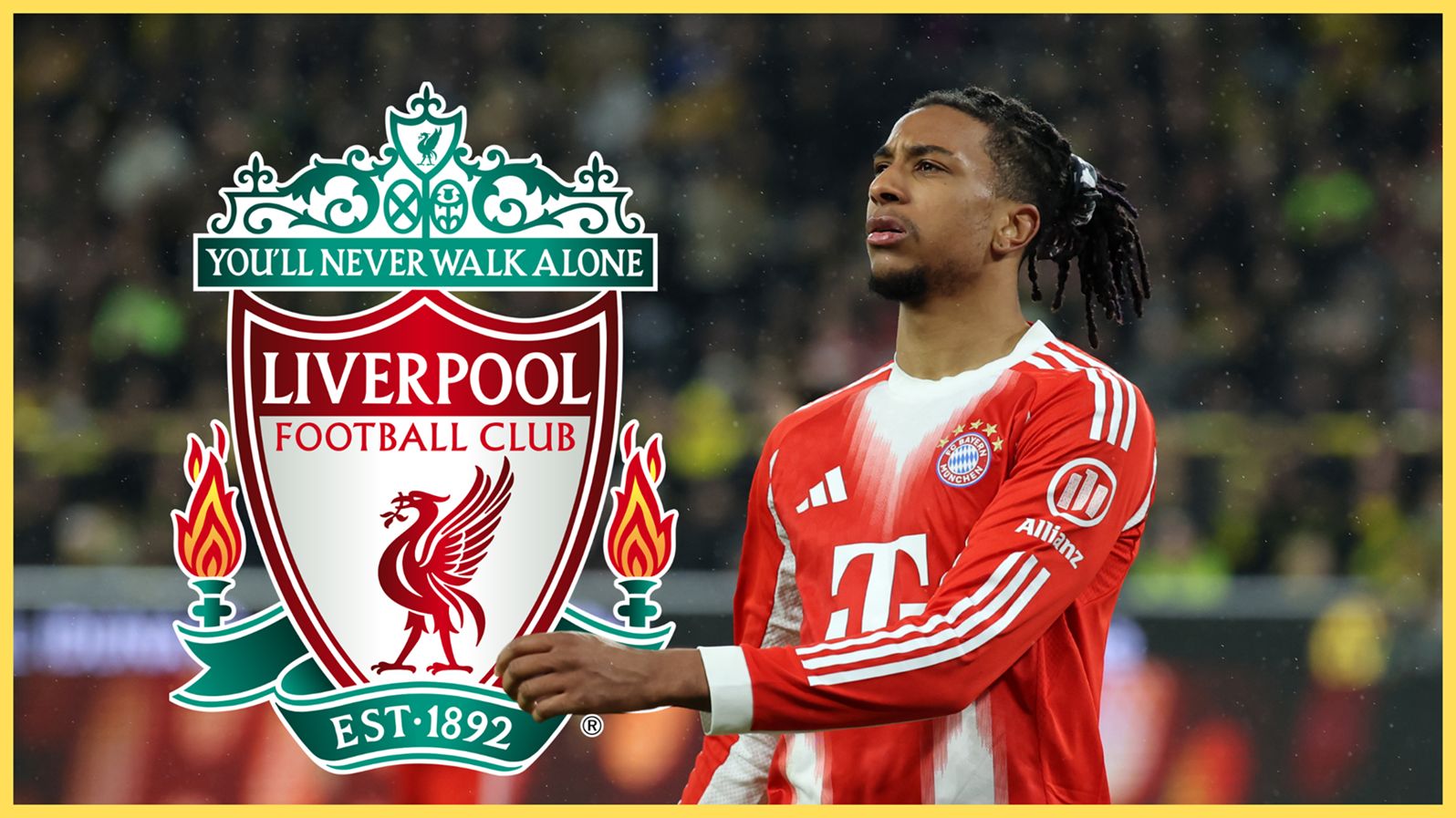 Yan Diomande looks on next to Liverpool club crest.