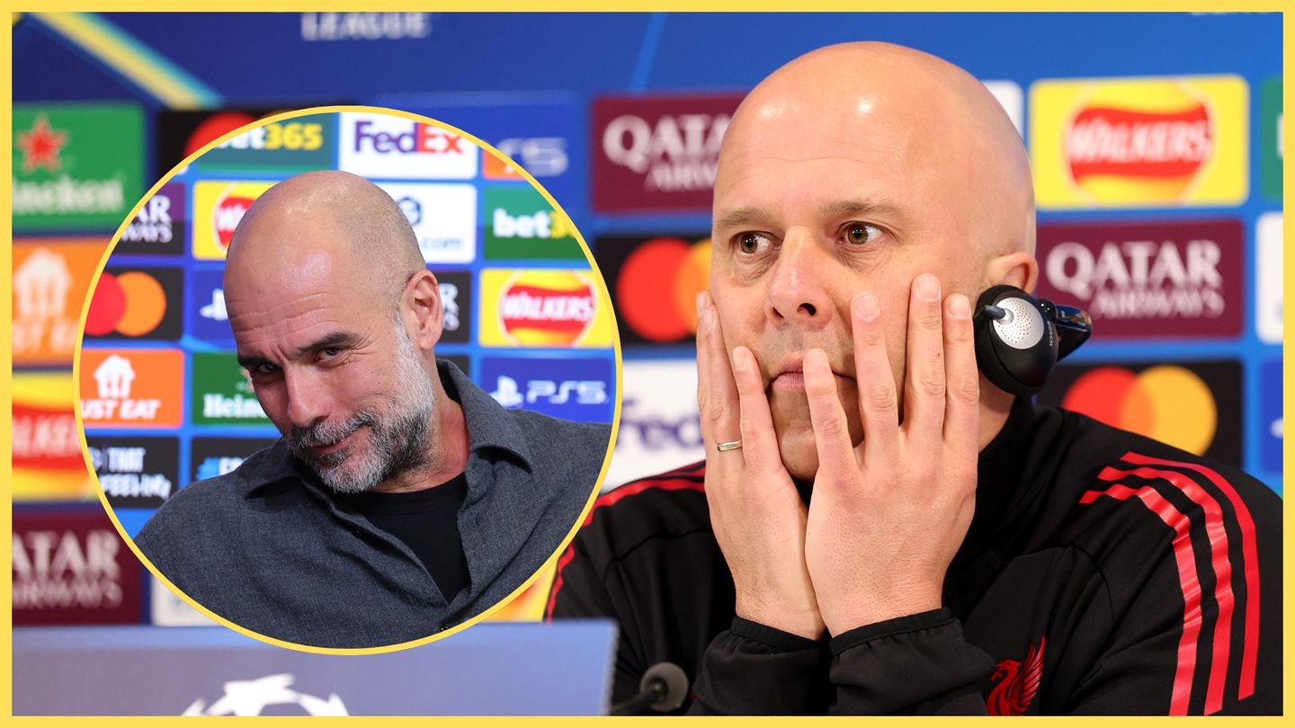 Arne Slot holds his head in his hands as Pep Guardiola smiles cheekily.