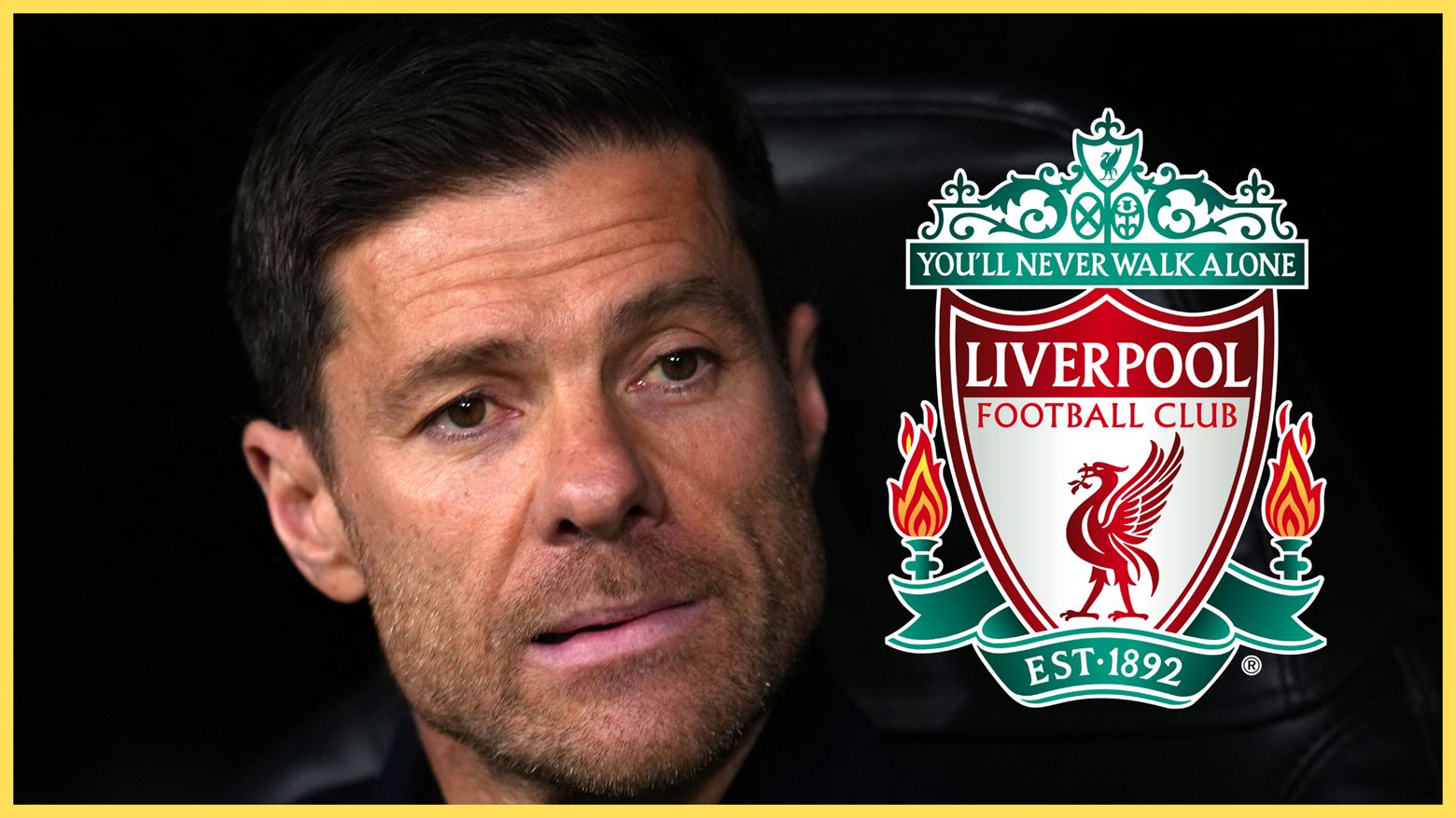 Xabi Alonso chews his lip next to Liverpool club crest.