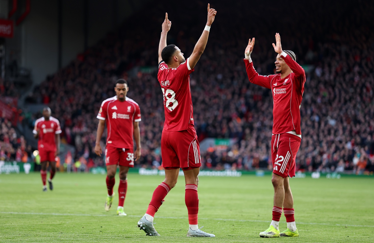 Cody Gakpo and Hugo Ekitike celebrate the Dutchman's goal in Liverpool's 5-2 win over West Ham