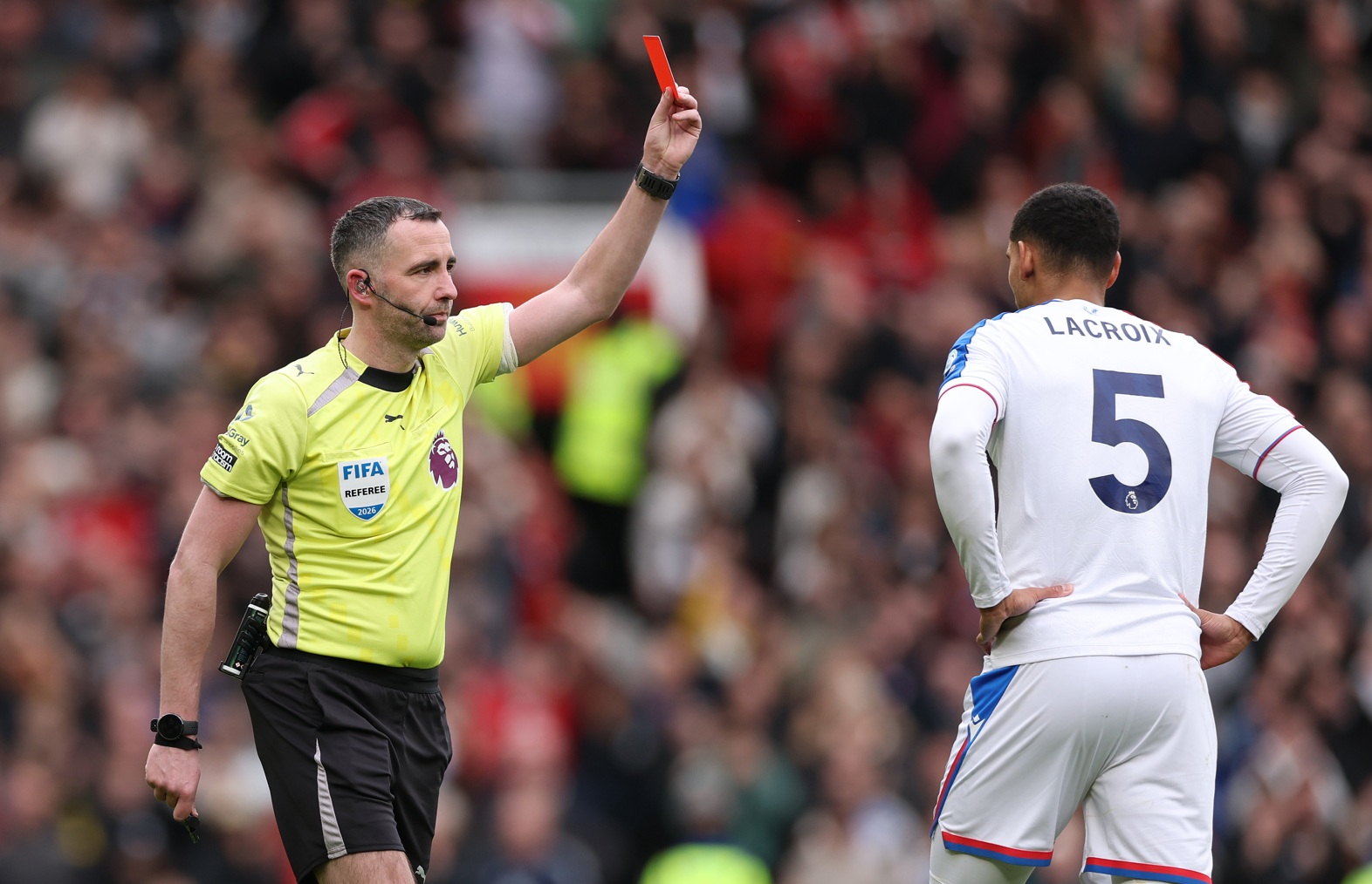 Maxence Lacroix was sent off in Crystal Palace's 2-1 defeat at Manchester United