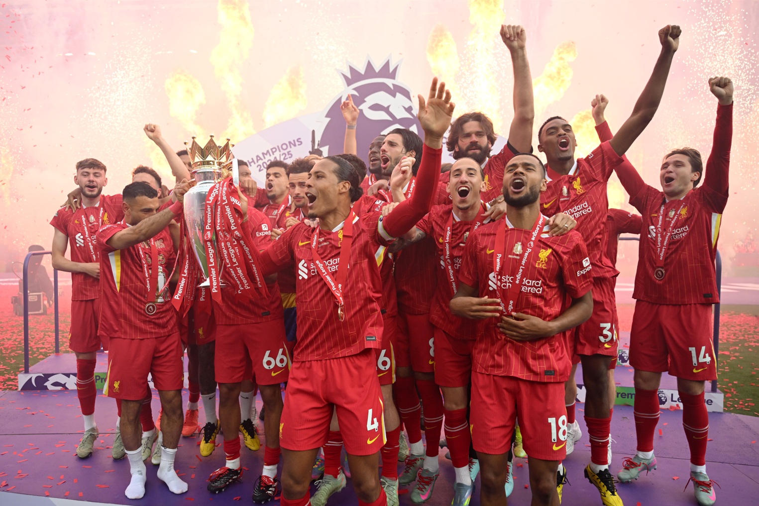 Liverpool players celebrate their Premier League triumph in 2025